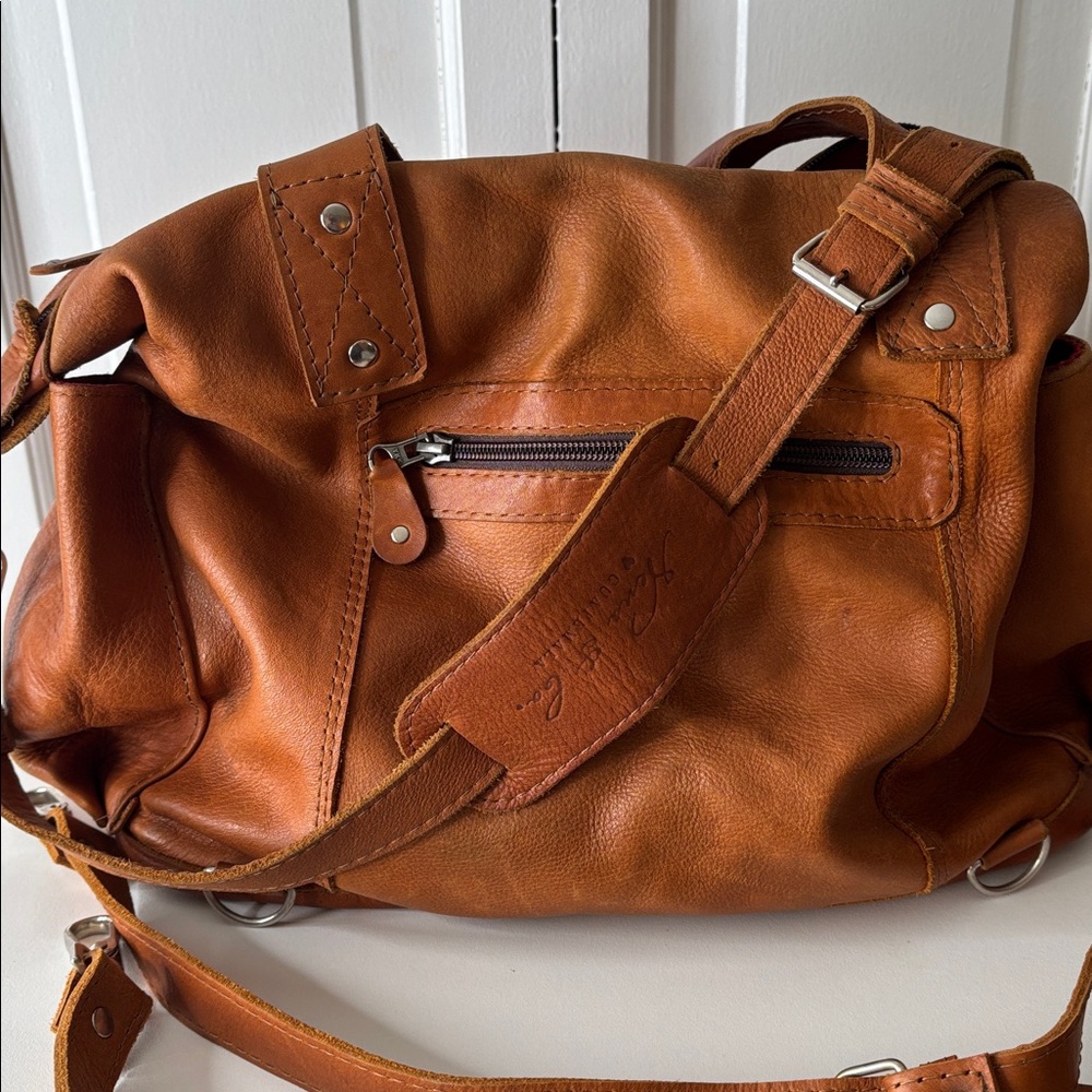 Nena & Co. Brown Leather Travel Bag with Pink Multicolor Stripe Panel - Picture 5 of 11